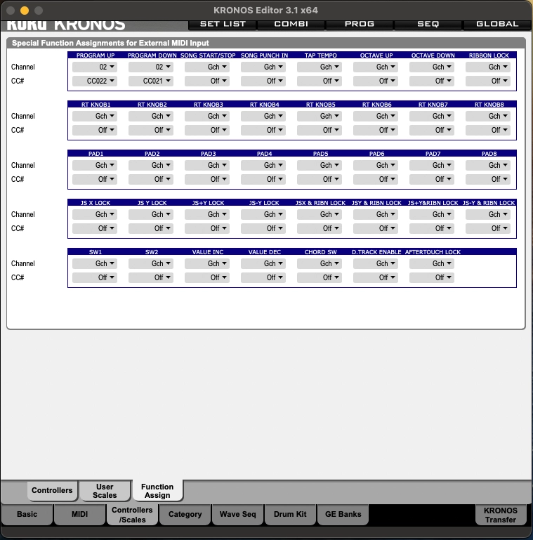 Kronos Editor in Mac. Program Down이 CC #22, Program Up은 CC #21로 설정되어 있다.